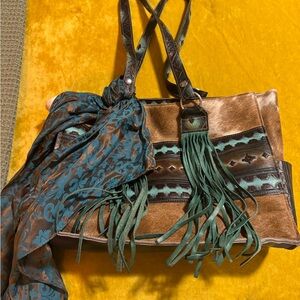 Women’s Brown and Teal Fringe Shoulder Bag